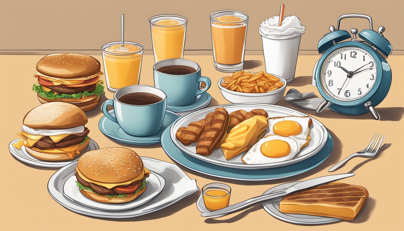 A sunny morning with a clock showing the time as 11:00 am, a Whataburger breakfast menu displayed on a table with various breakfast items