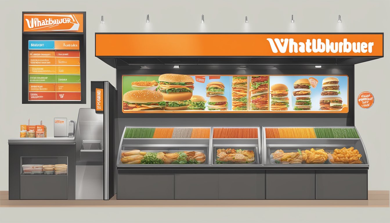 A colorful menu board with various options and prices displayed, surrounded by the Whataburger logo and branding