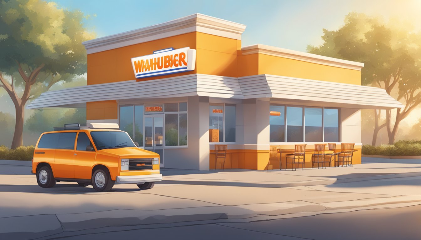 A sunny morning with a steaming breakfast sandwich, crispy hash browns, and a cup of coffee on a table outside a Whataburger restaurant