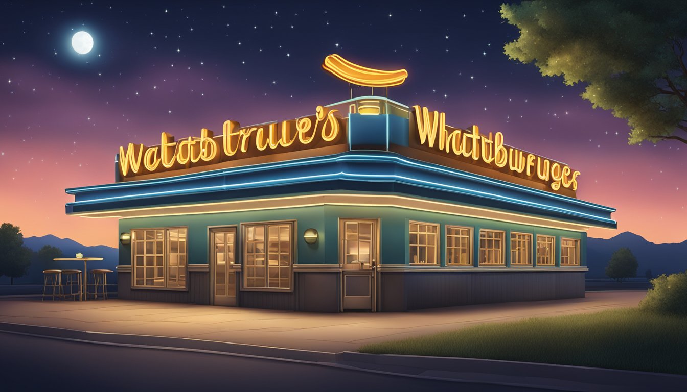 A classic Whatburger restaurant sign illuminated against a night sky