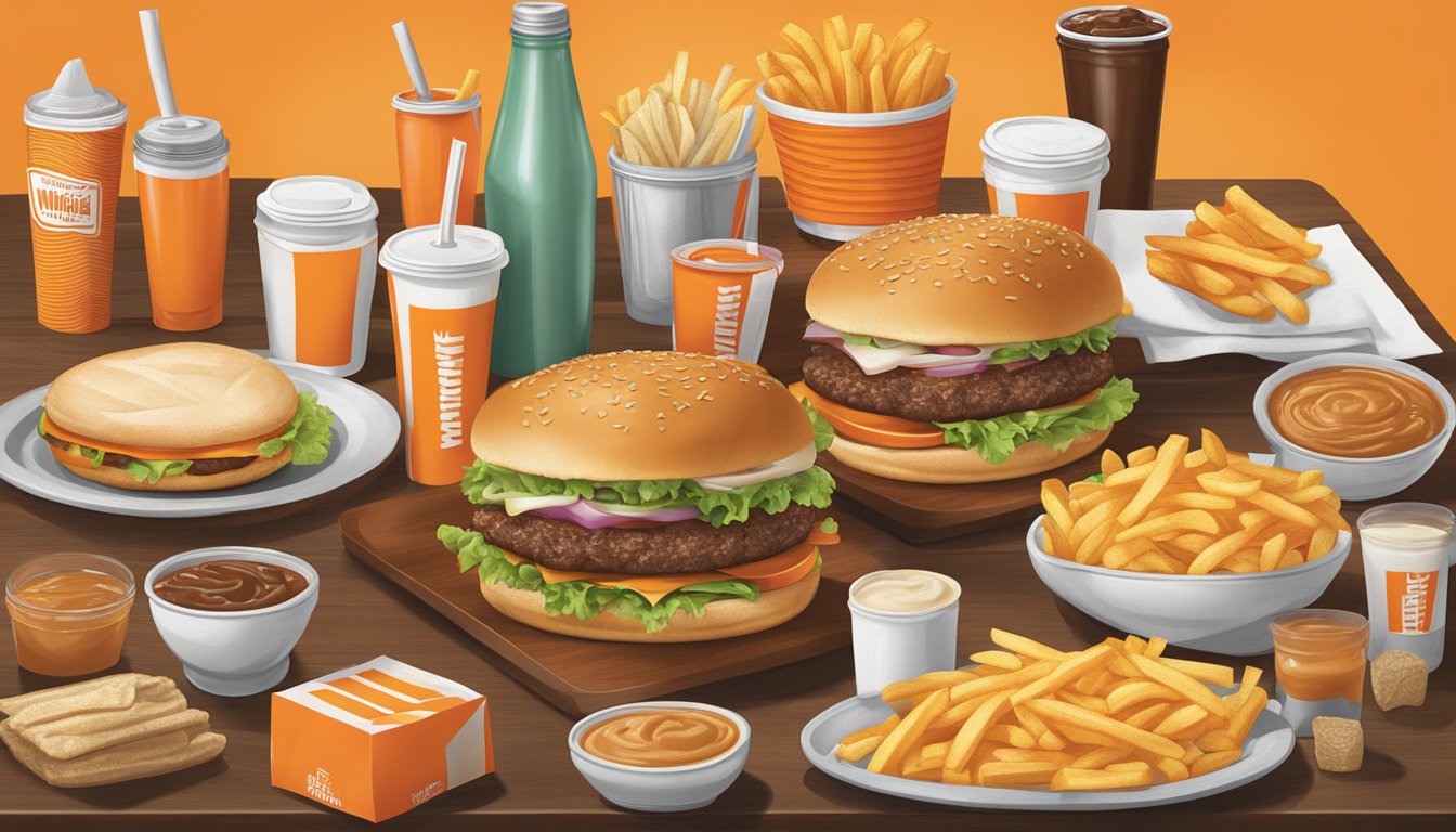 A table with a variety of Whataburger menu items, including burgers, fries, and drinks, arranged neatly with condiments and napkins