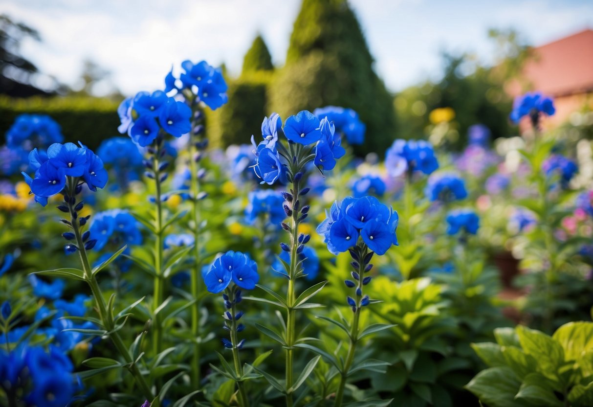 A lush garden filled with vibrant blue flowers in various stages of growth