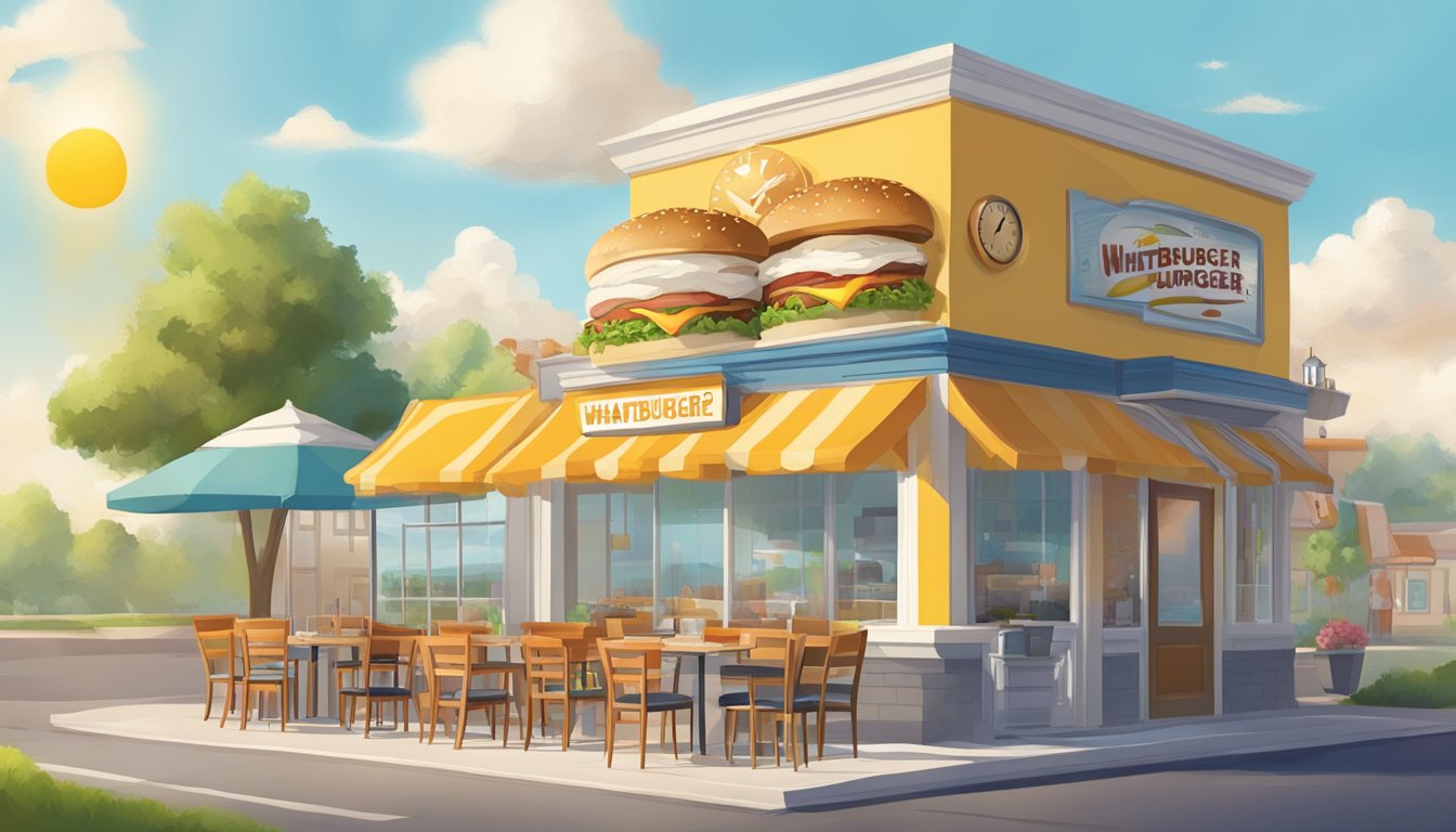 A sunny morning with a Whatburger restaurant, a clock showing breakfast hours, and a map with multiple locations highlighted