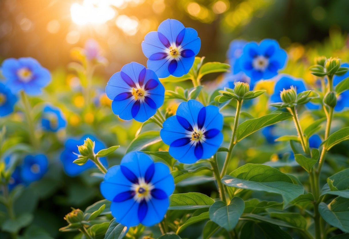 Bright blue flowers blooming in a garden, surrounded by green leaves and bathed in warm sunlight