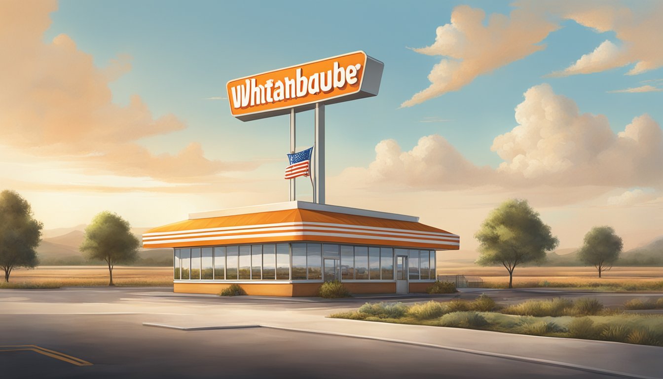 A lone Whataburger restaurant stands in a sprawling landscape, surrounded by fields and highways, with a towering sign marking its presence