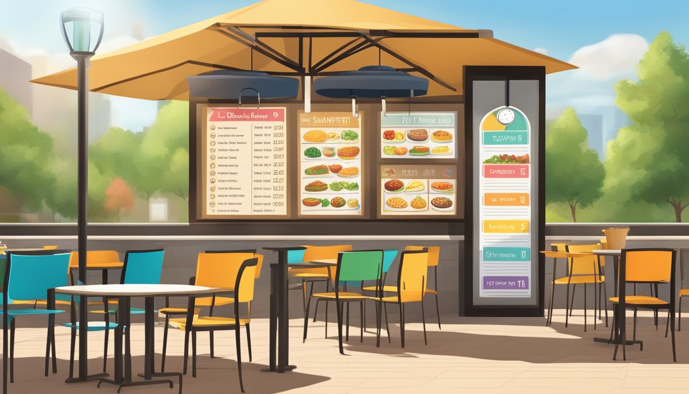 A sunny outdoor patio with a colorful menu board displaying various food items and a clock showing the time at 10:30 am