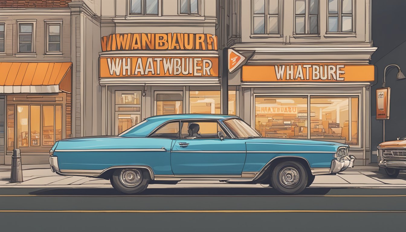 A car driving through a city, passing by various landmarks and street signs, eventually arriving at a Whataburger location