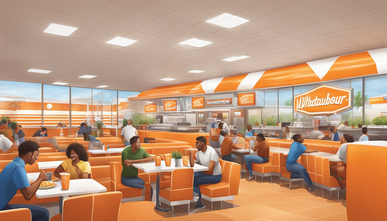 A bustling Whataburger restaurant with diverse customers enjoying the iconic orange and white decor