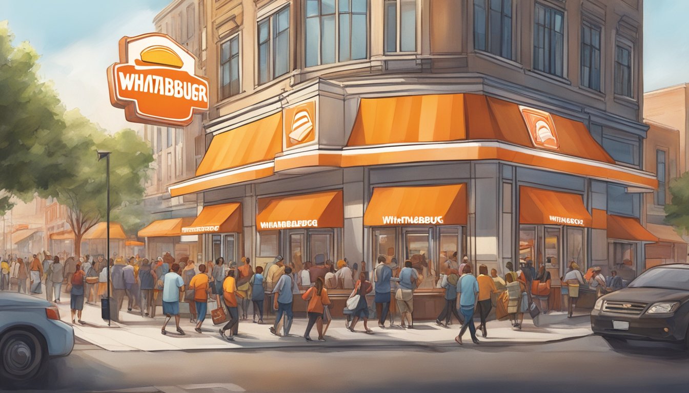 A bustling city street with a prominent Whataburger sign and a flow of people entering and exiting the restaurant