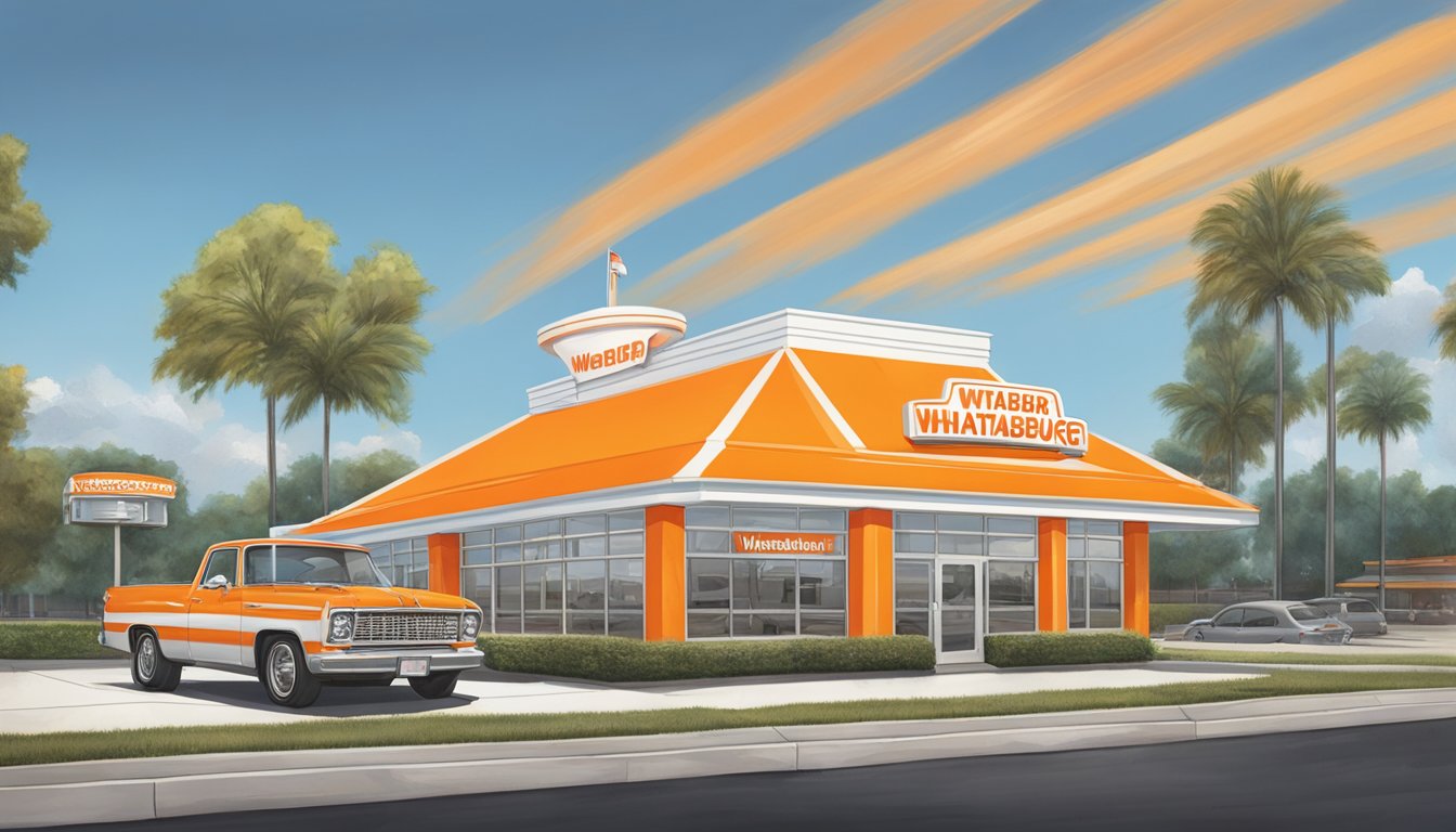 A bright orange and white Whataburger sign stands tall over a bustling parking lot and drive-thru, with the restaurant's iconic striped roof visible in the background