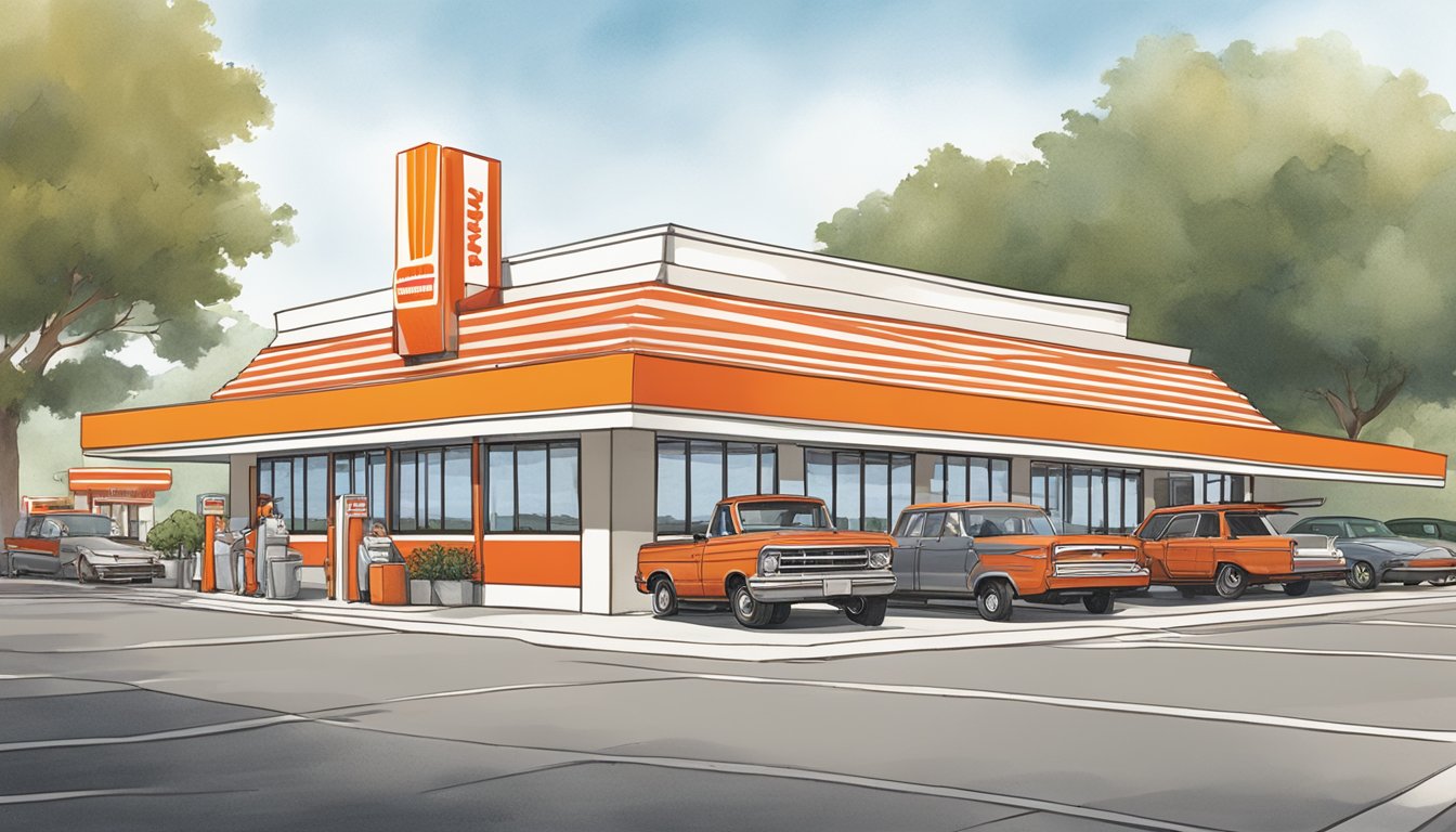 A bustling Whataburger restaurant in Covington, GA, with a drive-thru line of cars, a red and white striped exterior, and the iconic orange and white logo prominently displayed