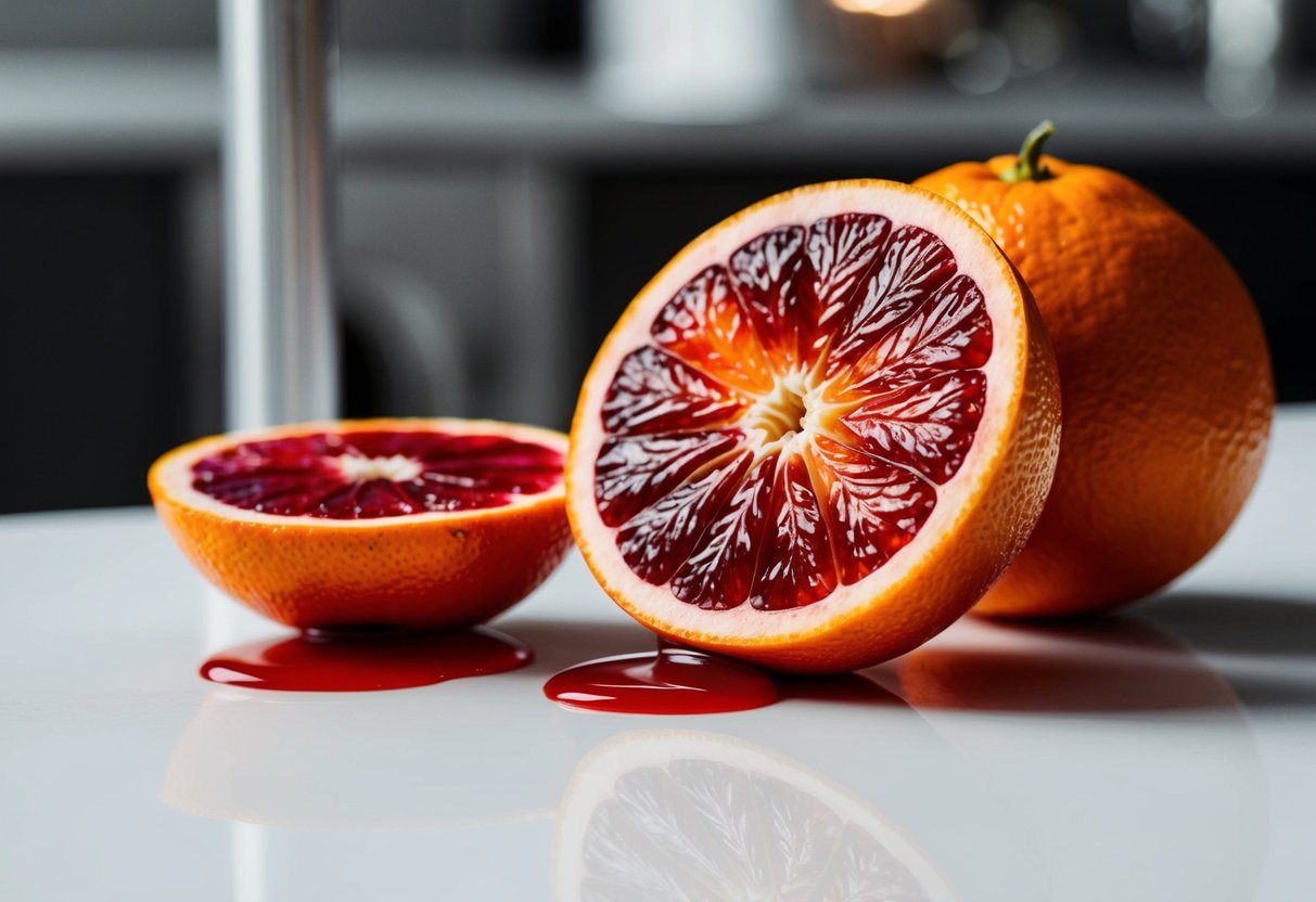 A blood orange sliced open, with vibrant red flesh and juice dripping onto a white surface