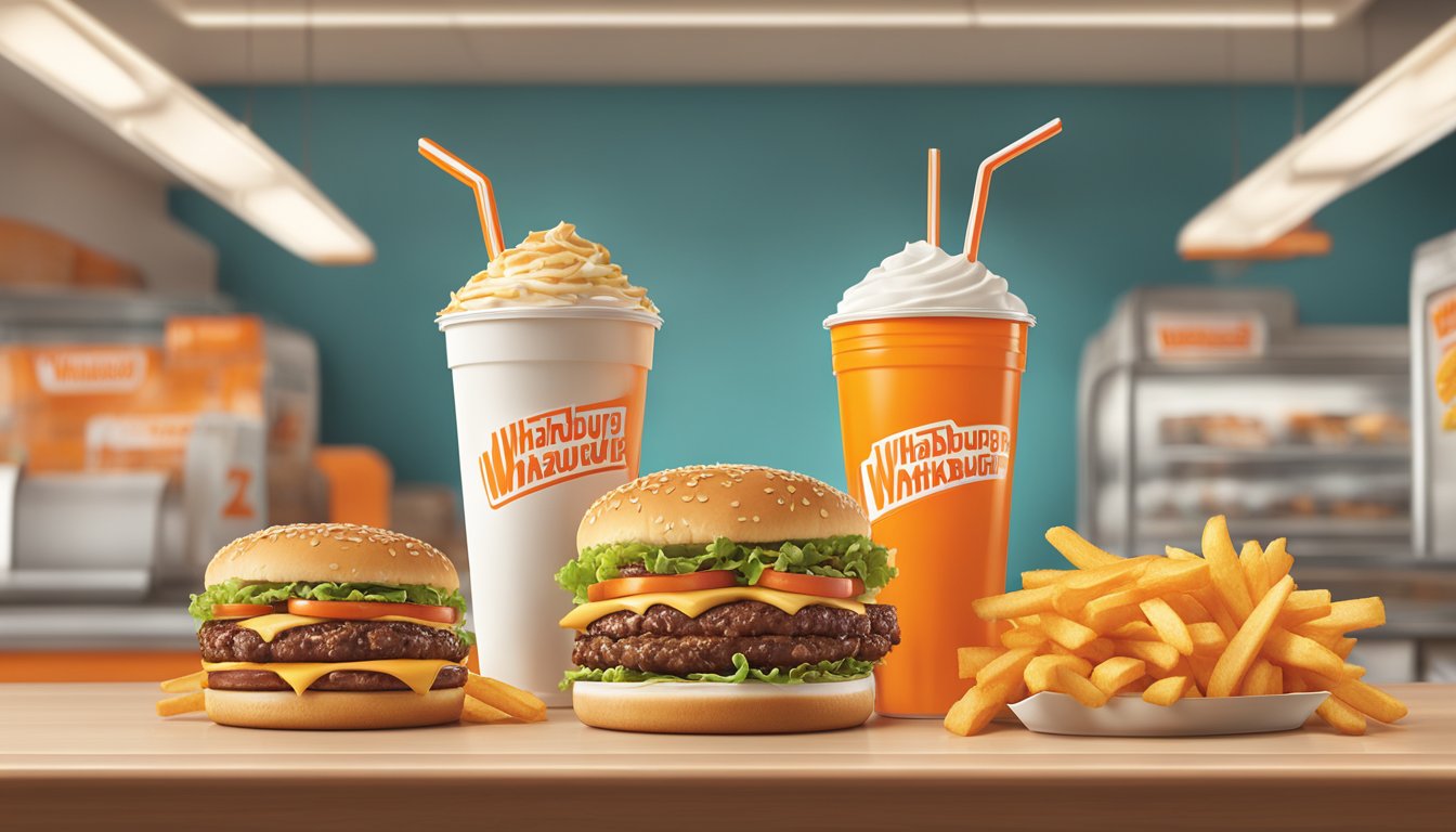 A mouth-watering spread of Whataburger menu highlights, including burgers, fries, shakes, and more, displayed on a clean, well-lit counter