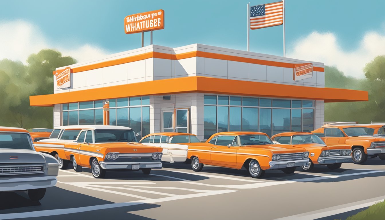 A bustling Whataburger restaurant in Sherman, TX, with the iconic orange and white striped building and a line of cars at the drive-thru