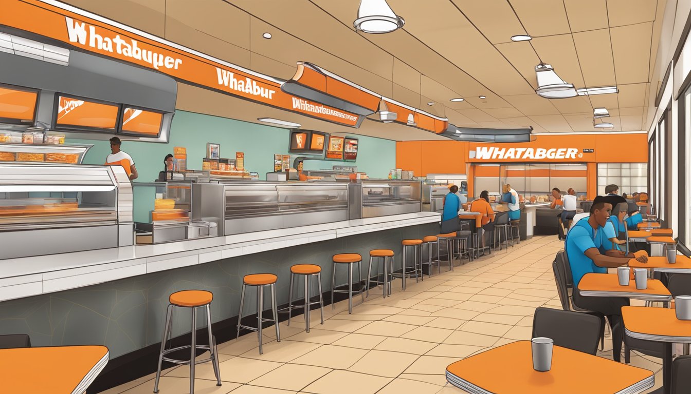 A bustling Whataburger dining area with booths, tables, and a counter. Customers enjoy their meals while staff members work behind the counter