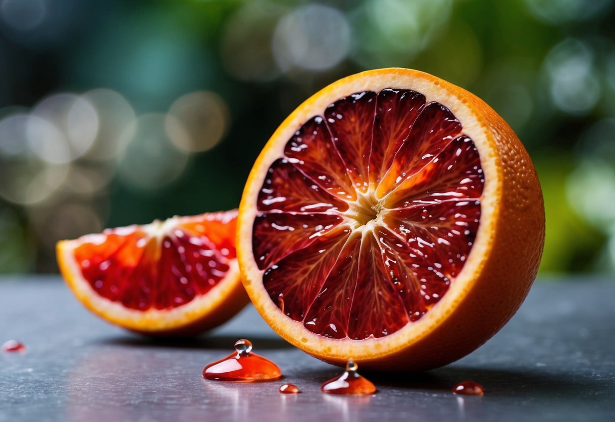 A blood orange sliced in half, revealing its vibrant red flesh and juicy segments, with droplets of juice glistening on the surface