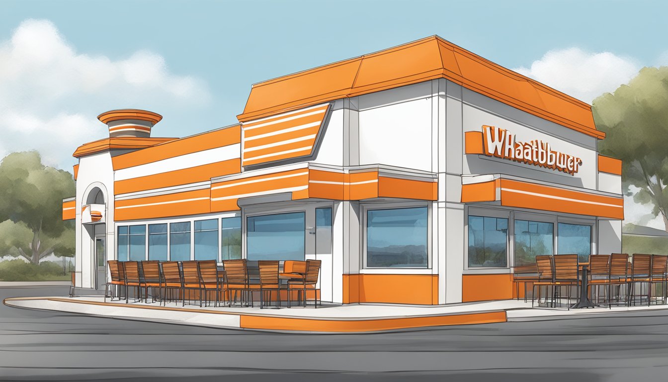 A Whataburger restaurant in Covington, GA with a drive-thru, outdoor seating, and the iconic orange and white striped building