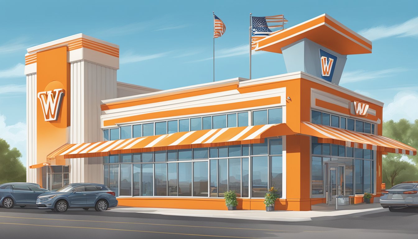 A bustling Whataburger restaurant in St. Louis, Missouri, with the iconic orange and white striped building and the signature "W" logo prominently displayed