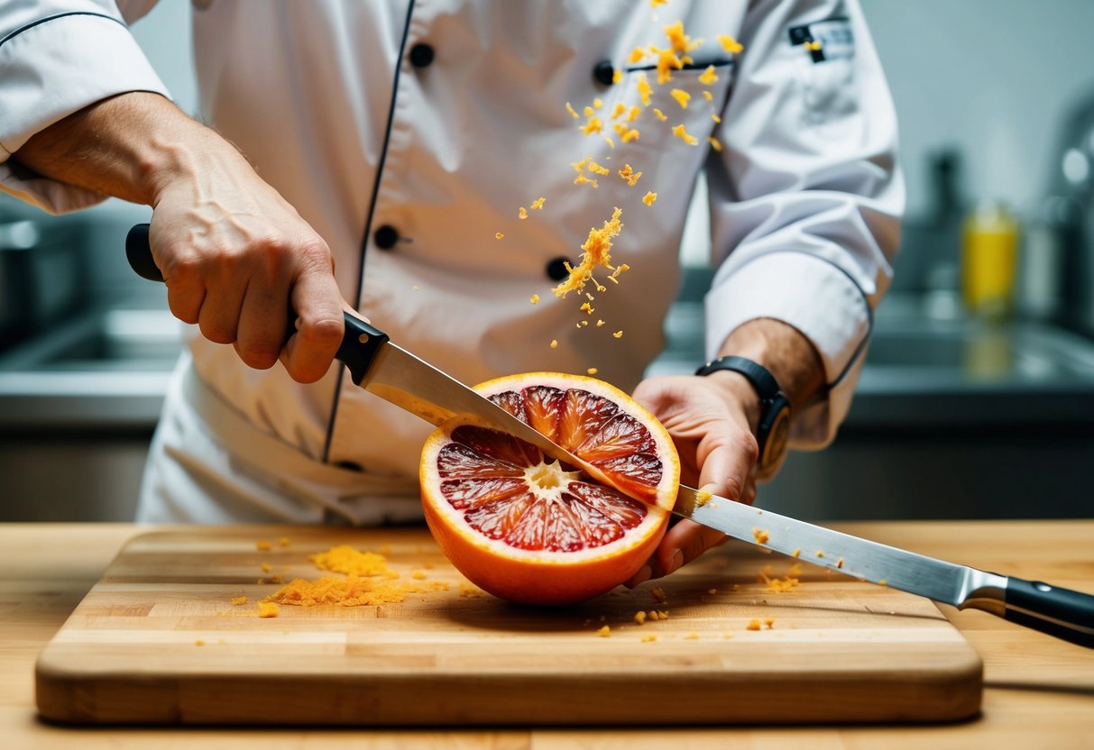 A chef slicing a blood orange over a wooden cutting board with juice and zest flying in the air