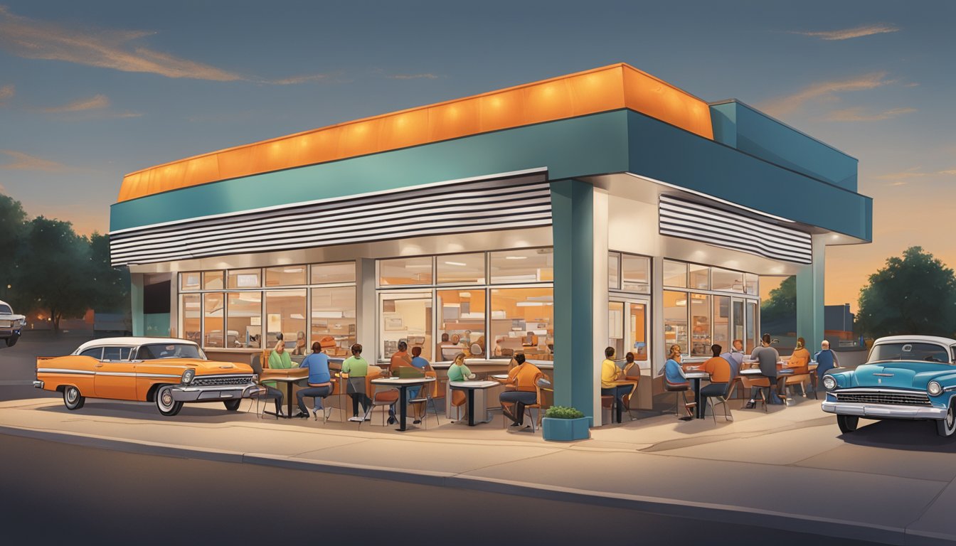 A bustling Whataburger restaurant in St. Louis, with a drive-thru line of cars and families enjoying meals at outdoor tables