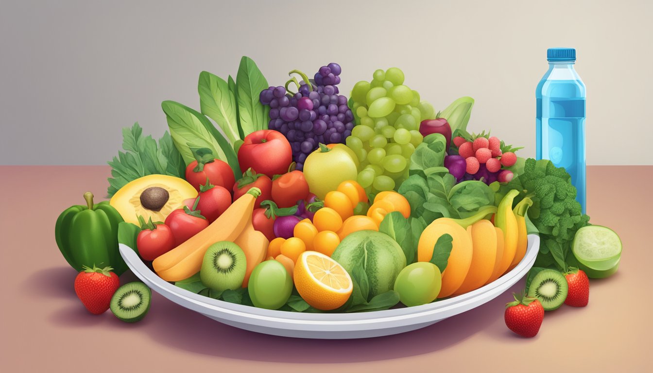 A colorful array of fresh fruits and vegetables arranged around a vibrant salad bowl, with a bottle of water and a multivitamin supplement nearby