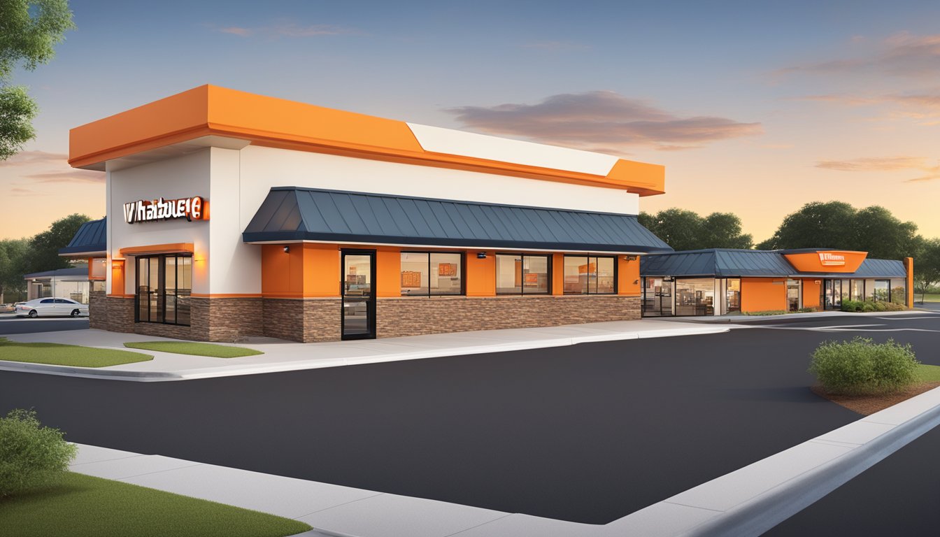 The Whataburger in Sherman, TX is brightly lit with a drive-thru window and outdoor seating. The building is surrounded by a spacious parking lot