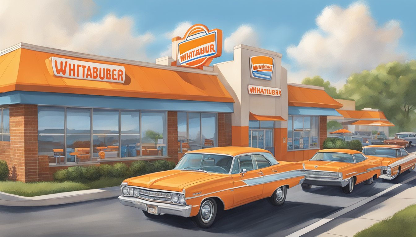 A bustling Whataburger location in St. Louis, with a drive-thru line of cars and a colorful outdoor sign