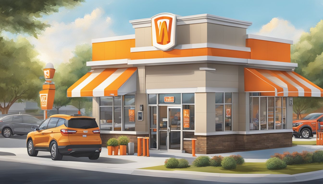 A bustling Whataburger restaurant in Covington, GA, with a drive-thru line and outdoor seating area surrounded by a vibrant community