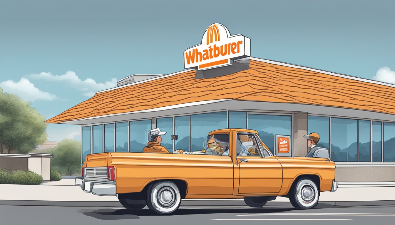 A person at a drive-thru window, handing a bag of food to a customer in a car. The WhatABurger logo is visible on the building