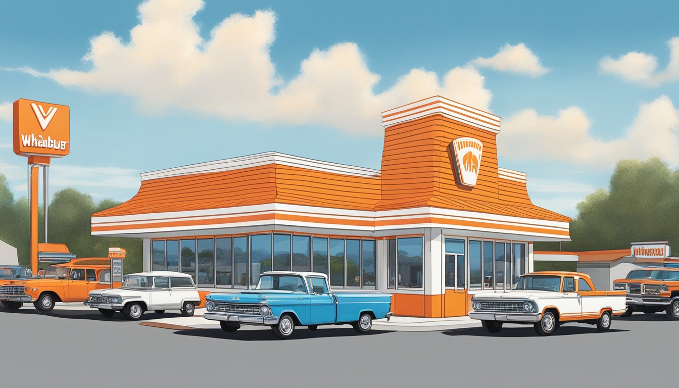 A bustling Whataburger restaurant in Covington, GA, with cars lined up at the drive-thru and customers dining inside. The iconic orange and white striped building stands out against the blue sky