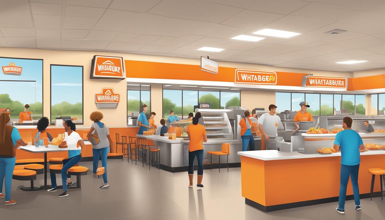 A bustling Whataburger in Sherman, TX with a prominent rewards program sign, happy customers, and employees serving delicious meals