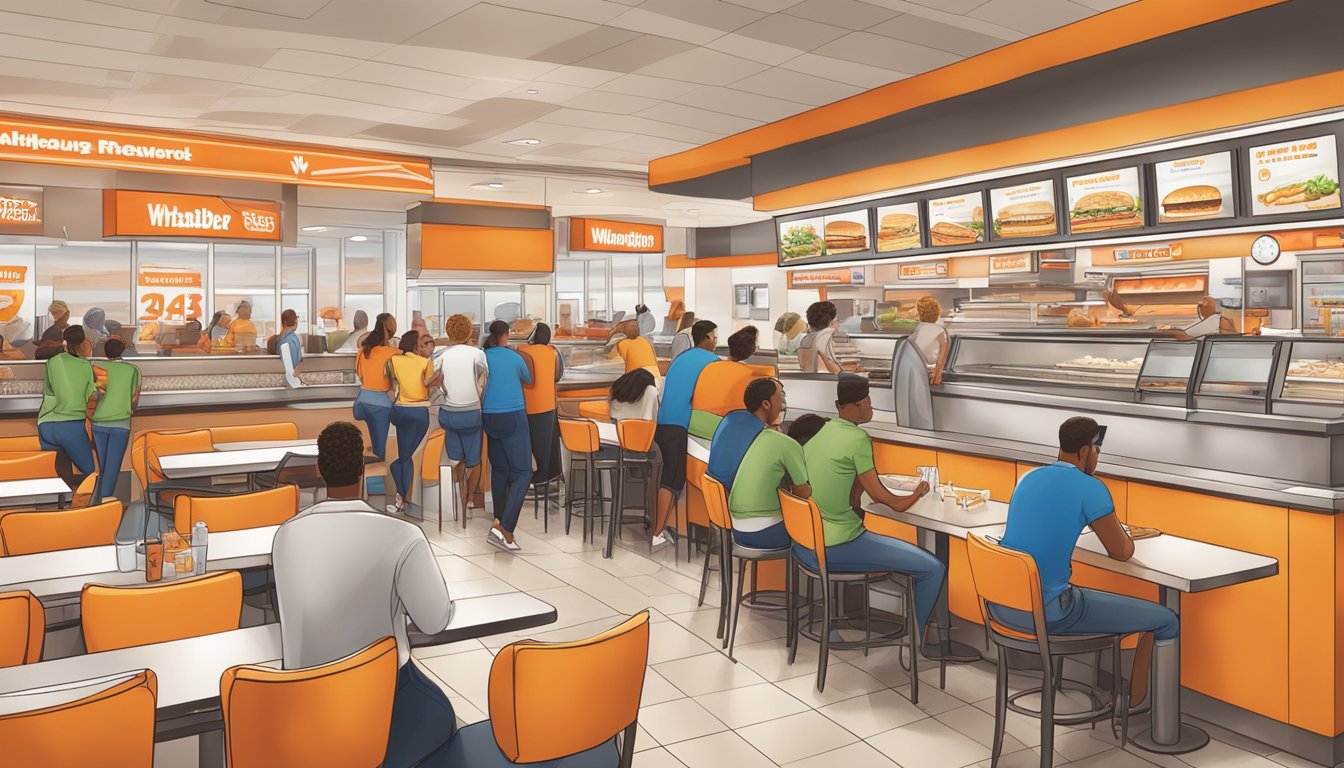 A bustling Whataburger restaurant in St. Louis, with customers enjoying their meals and redeeming loyalty rewards at the counter