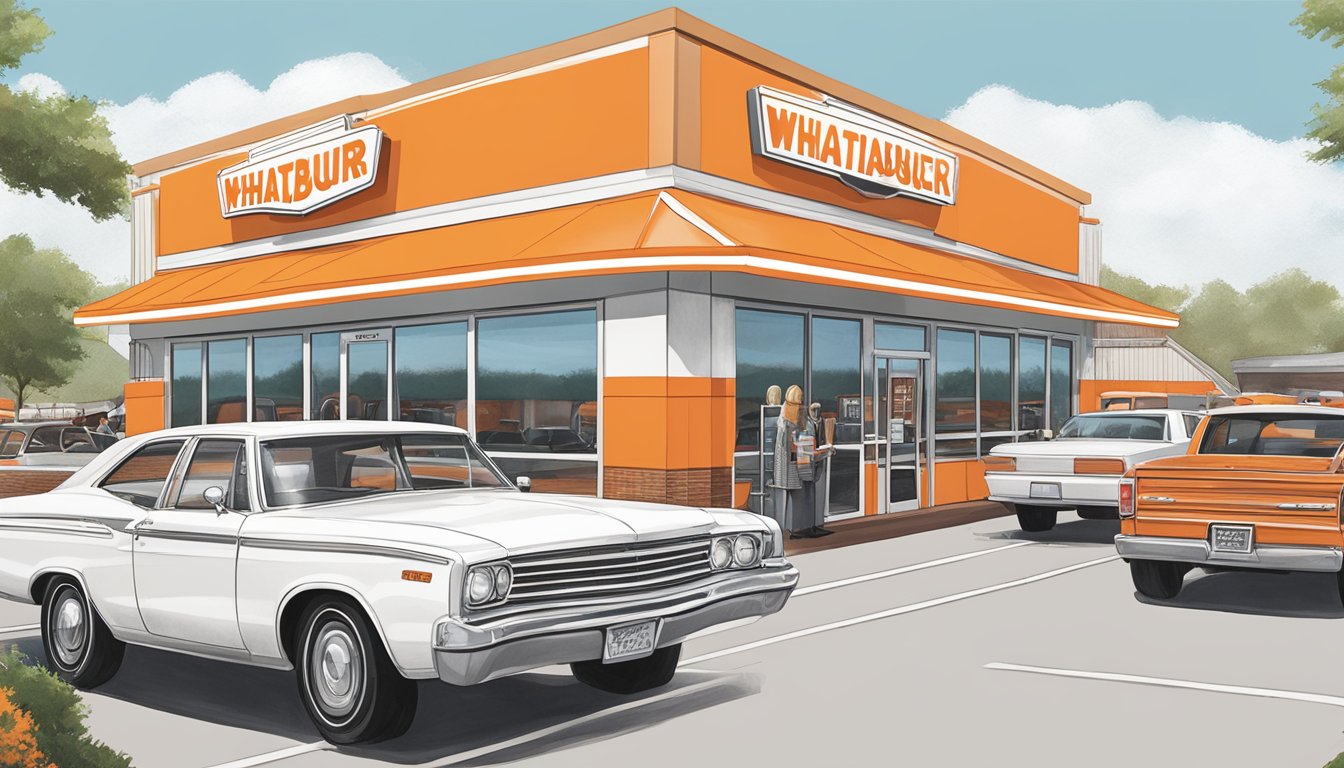 A bustling Whataburger restaurant in Sherman, TX, with a drive-thru line of cars, outdoor seating, and a bright orange and white color scheme