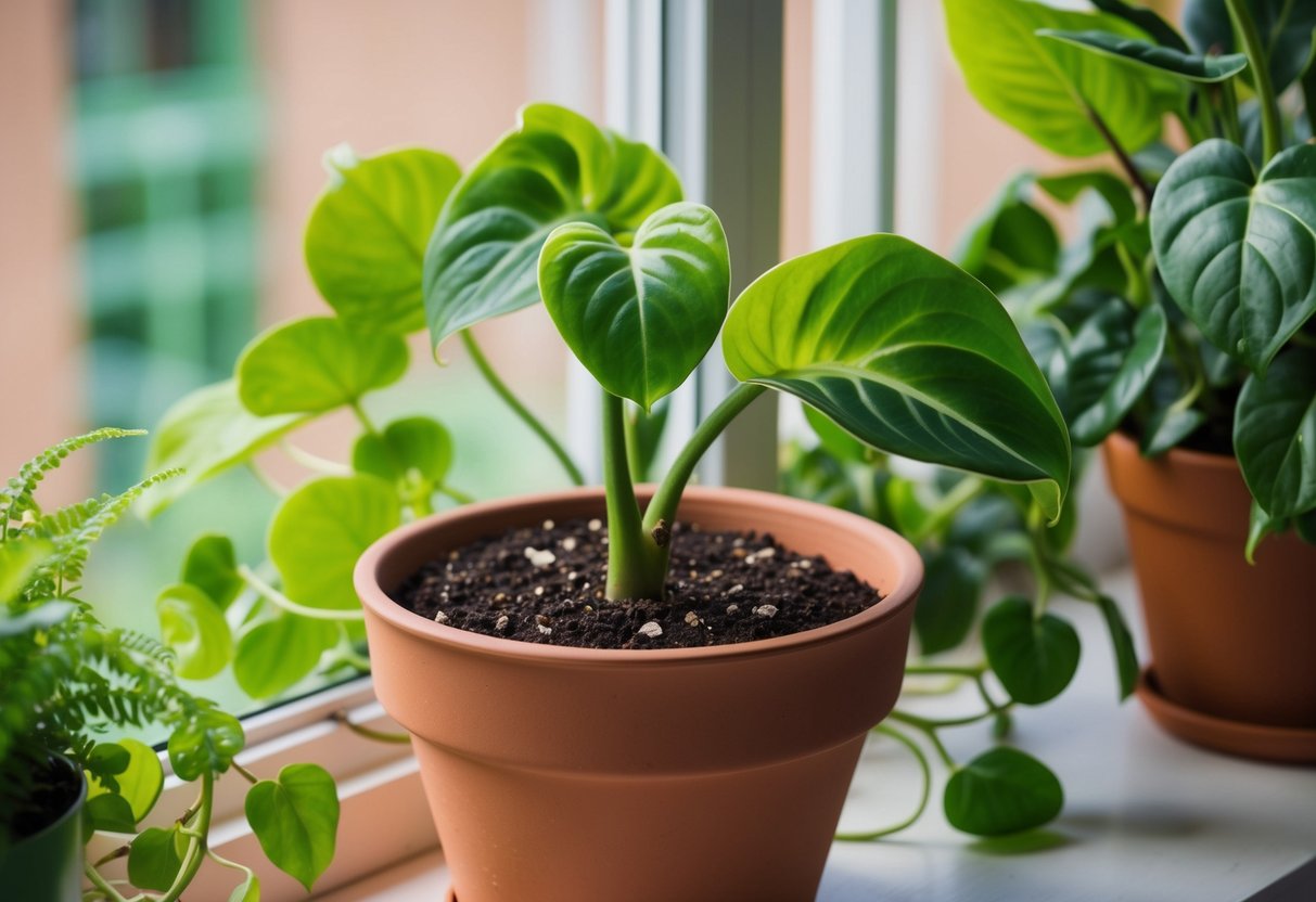 A lush peperomia plant sits in a terracotta pot on a sunny windowsill, surrounded by other vibrant greenery