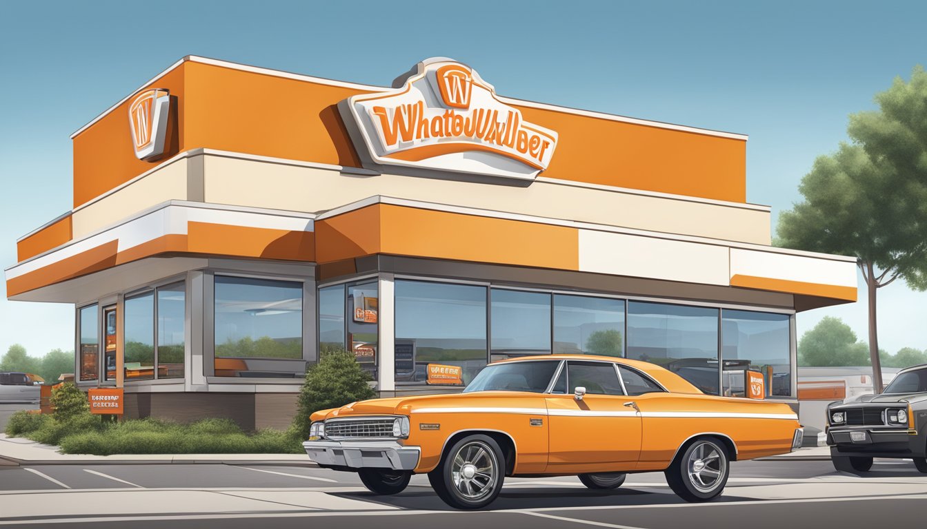 A Whataburger restaurant in St. Louis with a busy drive-thru, outdoor seating, and a prominent logo on the building