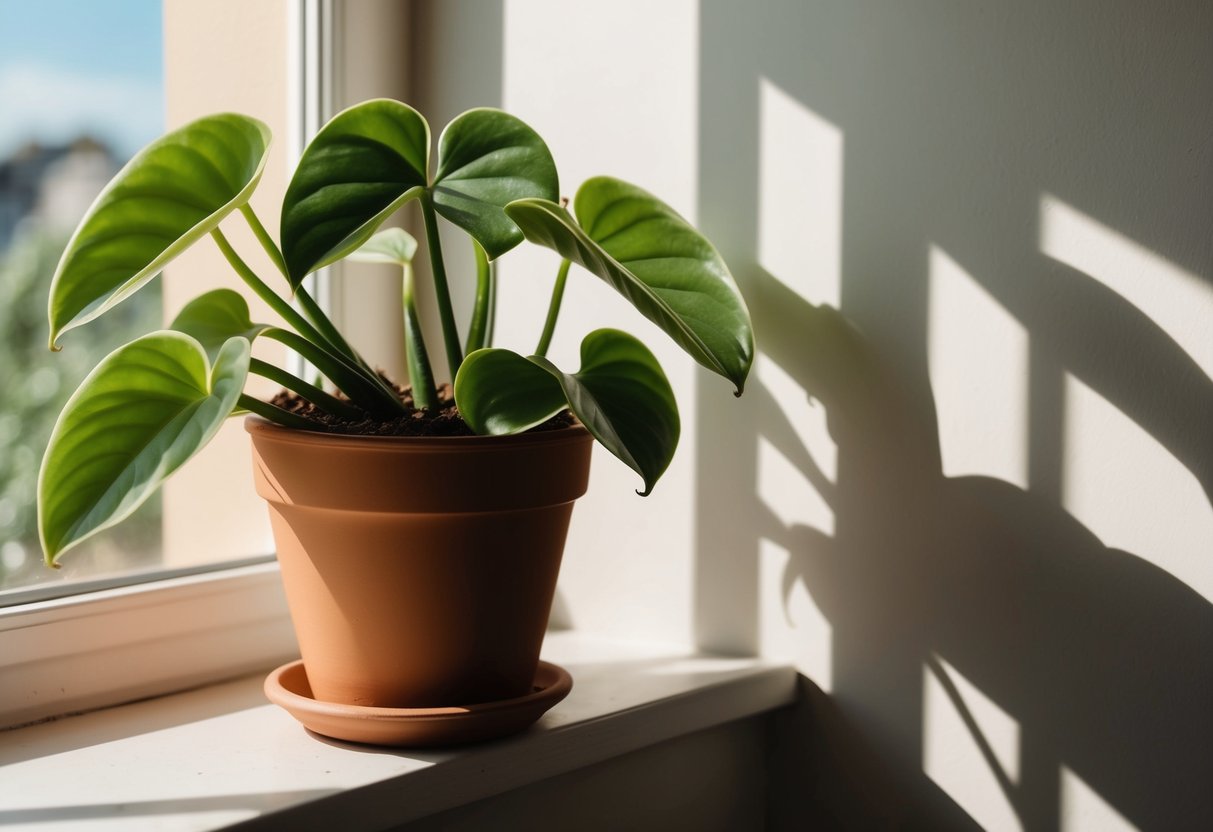 A lush, green peperomia plant sits in a terracotta pot on a sunny windowsill, casting delicate shadows on the wall behind it