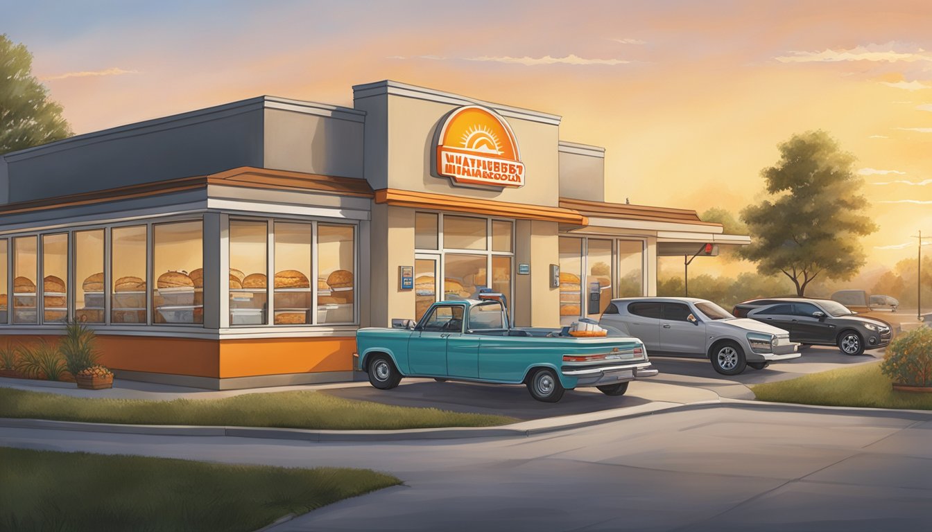 The sun is high in the sky as the clock strikes 11 am, signaling the start of Whataburger's lunch service. The drive-thru line begins to fill up with hungry customers eager for their favorite burgers and fries