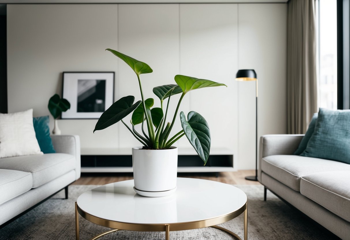 A modern living room with a peperomia plant on a sleek, minimalist coffee table, surrounded by clean lines and neutral colors