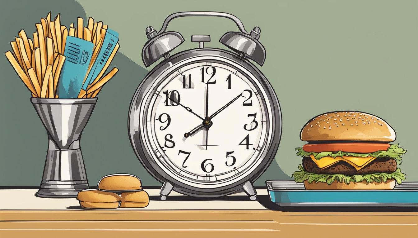 A clock showing the time at 10:30 am, with a burger and fries on a tray next to a sign reading "Lunch Menu Available."