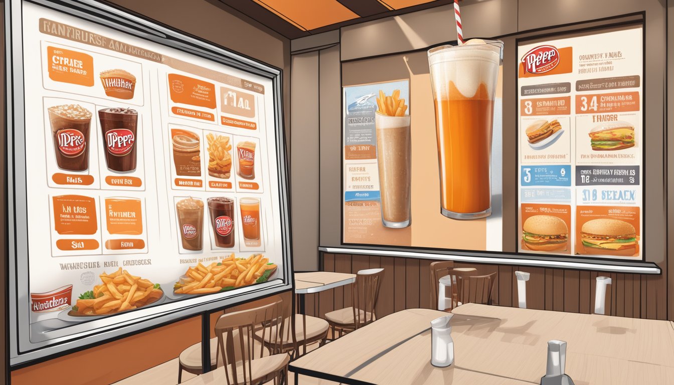 A tall glass filled with a creamy Dr Pepper shake sits next to a Whataburger menu board with pricing information displayed