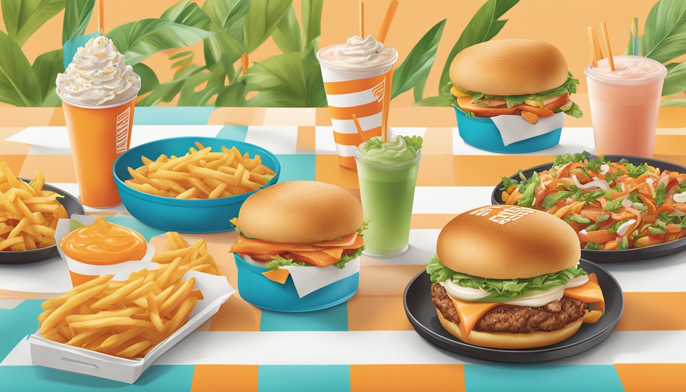 A colorful menu board featuring Whataburger's spring menu items, with vibrant graphics and enticing food illustrations