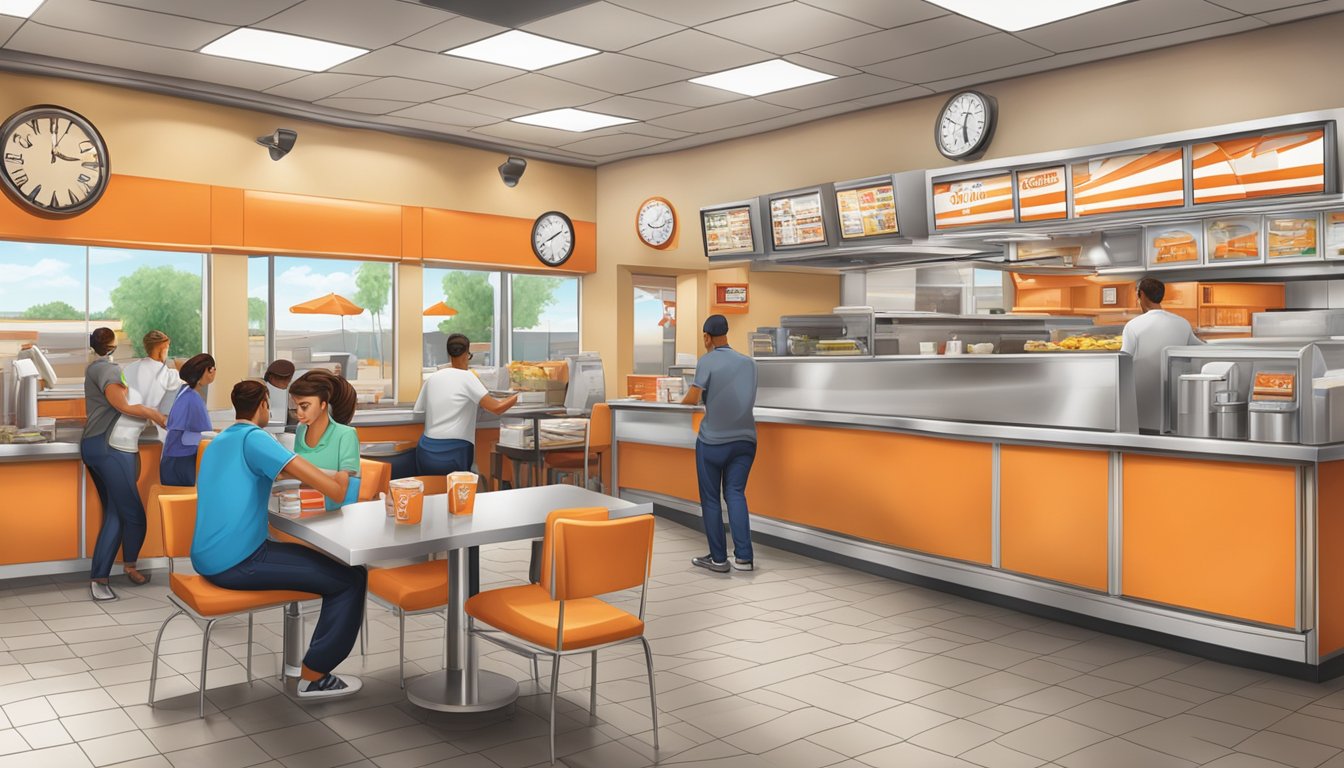 A Whataburger restaurant with a clock showing midday, with customers ordering lunch at the counter and staff preparing food in the kitchen