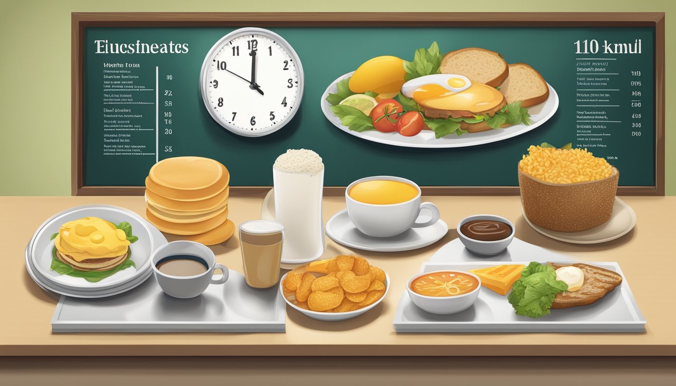 A clock at 10:30 am with breakfast items transitioning to lunch items on a restaurant menu board