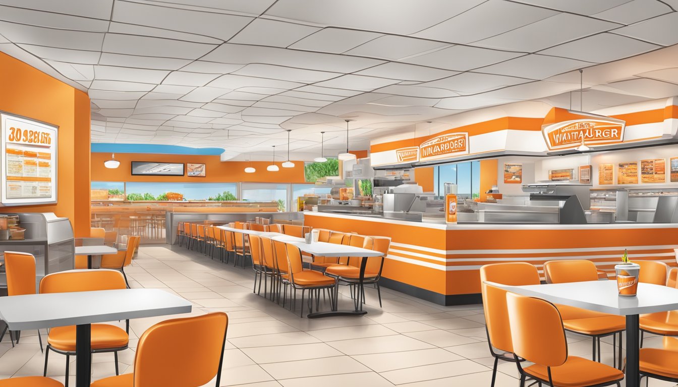 A bustling Whataburger restaurant at midday, with the iconic orange and white decor, and a menu board displaying the regional favorites and lunch options