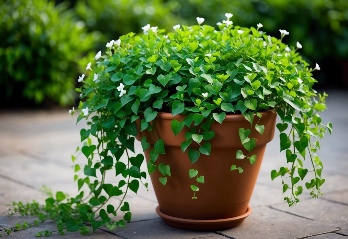 A lush green dichondra plant cascading over a terracotta pot, with delicate heart-shaped leaves and tiny white flowers