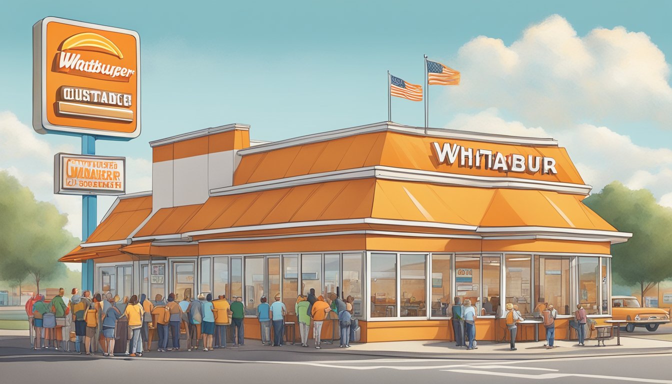 A bustling Whataburger restaurant in Springfield, TN, with a line of customers waiting to order, and a colorful sign advertising a local competition