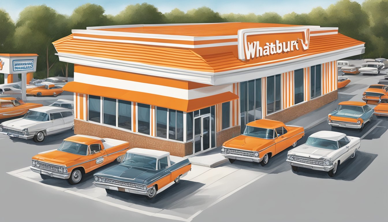 A bustling Whataburger restaurant in Monroe, GA with a classic orange and white striped exterior, a drive-thru, and a crowded parking lot