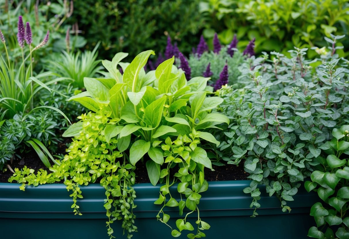 A lush garden bed filled with different varieties of dichondra plants, their delicate green leaves cascading over the edge of the container