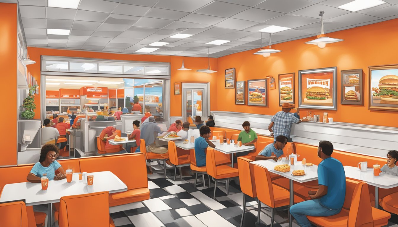 A bustling Whataburger restaurant in Monroe, GA, with patrons enjoying their meals at bright red booths and the iconic orange and white decor