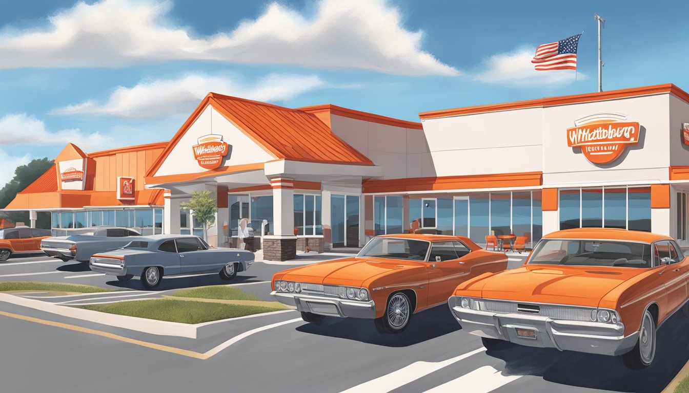 A busy drive-thru with cars lined up at a WhatABurger in Monroe, GA. Outdoor seating area with umbrellas and a bright red and white building